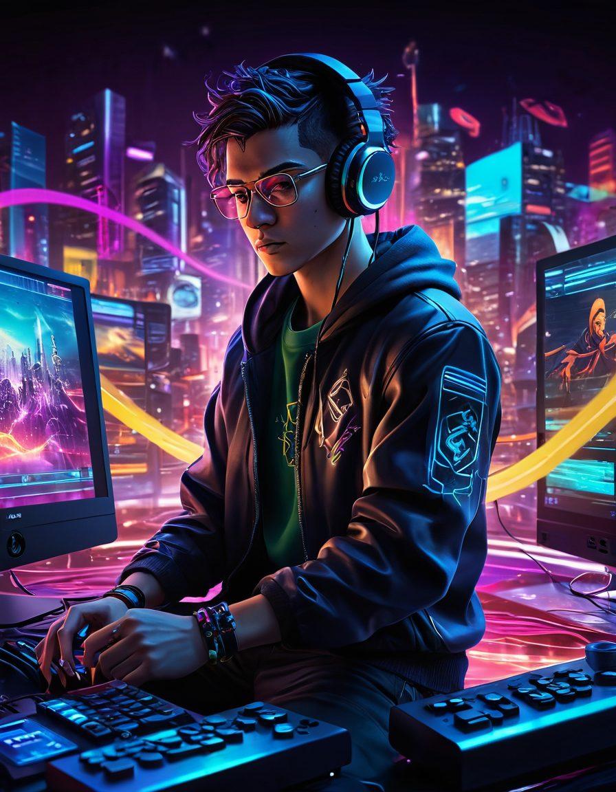 A dynamic scene featuring a gaming character passionately playing a console, surrounded by colorful music waves and vibrant digital elements that symbolize trends. In the background, glimpses of various digital platforms like streaming services and social media icons blend into a lively atmosphere. The overall mood is energetic and engaging, reflecting the fusion of gaming and music cultures. vibrant colors. cyberpunk style. 3D.