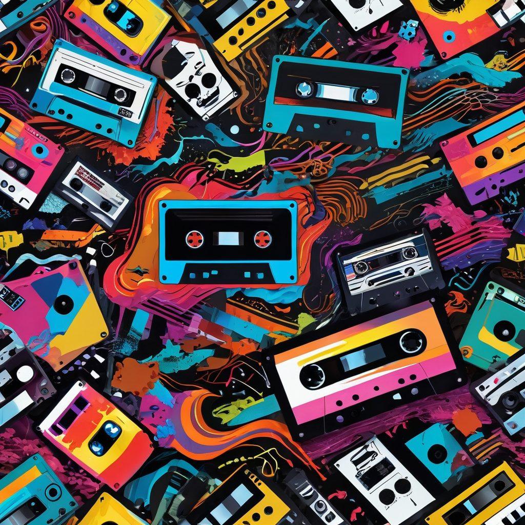 A dynamic collage showcasing a vibrant gaming world filled with iconic characters, intertwined with musical notes and instruments flowing through pixelated landscapes. Include elements of retro pop culture like cassette tapes, game controllers, and vinyl records, all in a colorful, lively composition. The background should feature abstract digital art patterns representing sound waves and gaming visuals. super-realistic. vibrant colors. 3D.