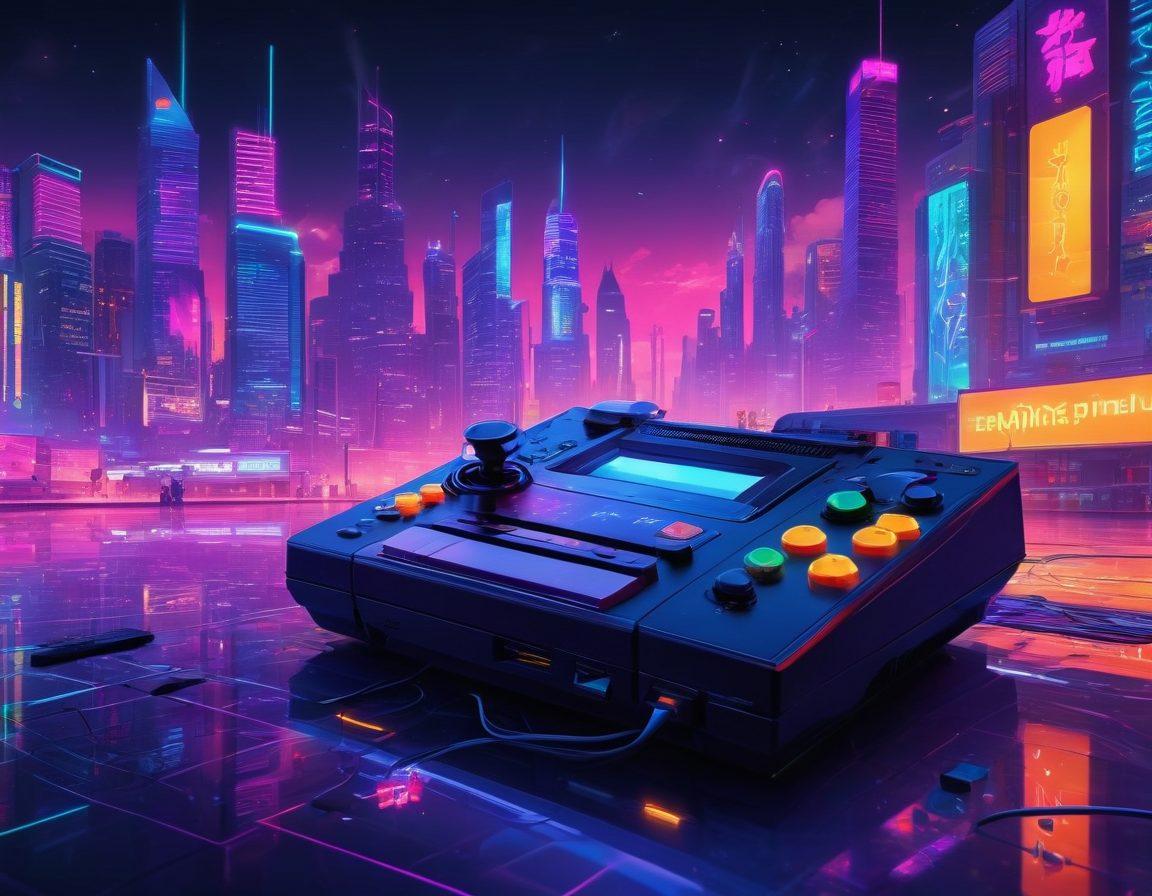 A vibrant digital landscape featuring a retro gaming console surrounded by colorful pixelated characters and musical notes, connecting game design with popular music culture. The background should depict a neon city skyline, blending elements of both gaming and music. Include floating game controllers and vinyl records to enhance the theme. Bright, bold colors should make the image pop. super-realistic. cyberpunk. vibrant colors.